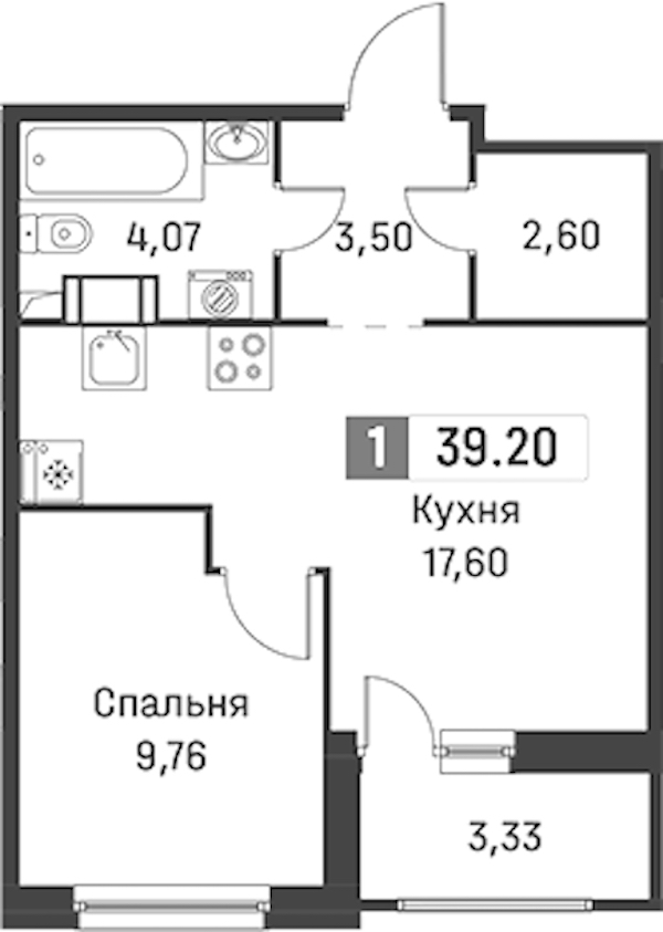 1-комнатная квартира 39.2 м², 8/12 эт., ЖК «Графика»