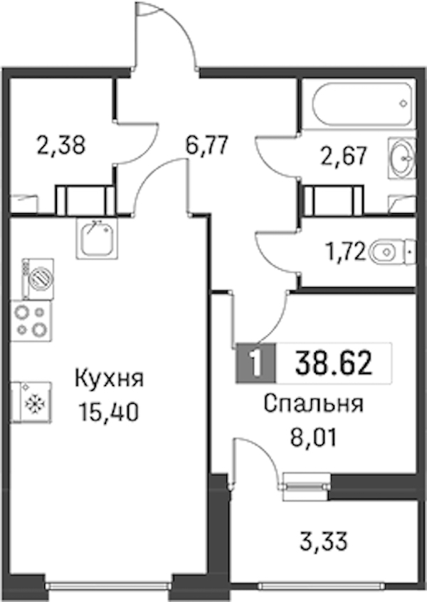 1-комнатная квартира 38.62 м², 8/12 эт., ЖК «Графика»
