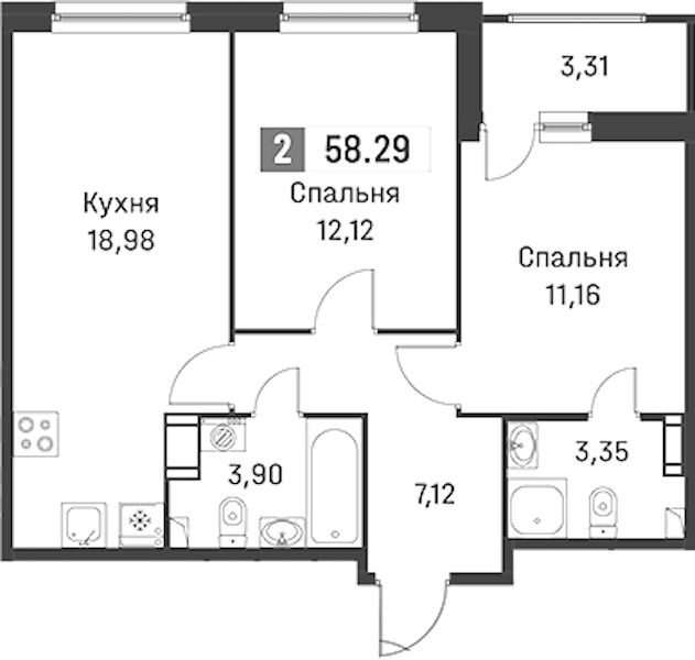 2-комнатная квартира 58.29 м², 8/12 эт., ЖК «Графика»