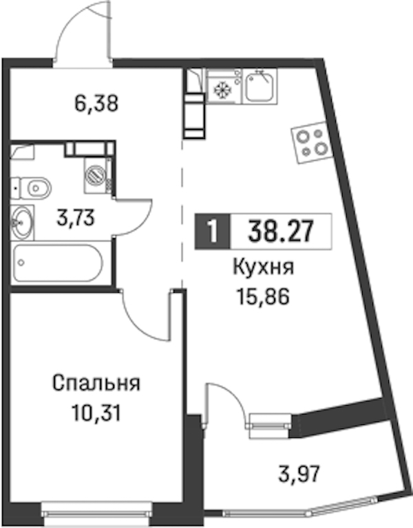 1-комнатная квартира 38.27 м², 9/12 эт., ЖК «Графика»