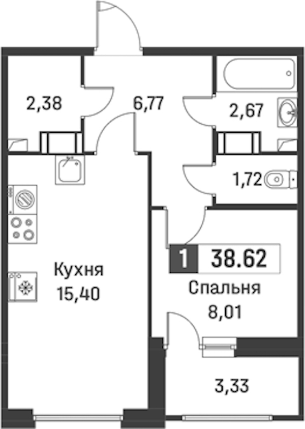 1-комнатная квартира 38.62 м², 10/12 эт., ЖК «Графика»