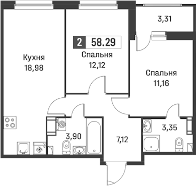 2-комнатная квартира 58.29 м², 10/12 эт., ЖК «Графика»