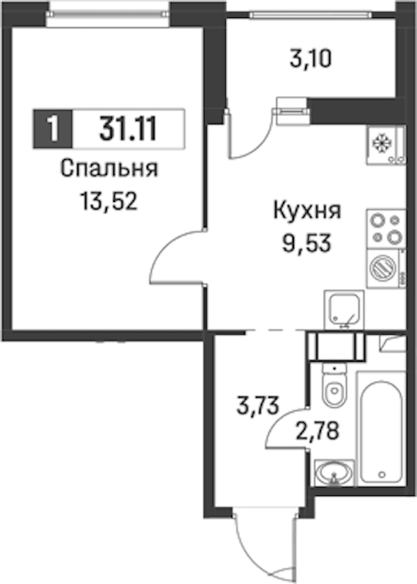 1-комнатная квартира 31.11 м², 11/12 эт., ЖК «Графика»