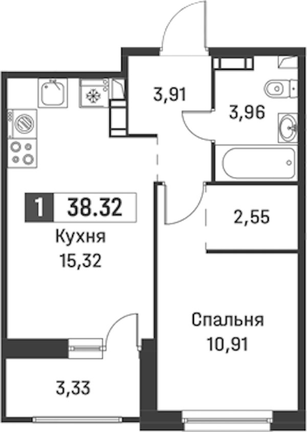 1-комнатная квартира 38.32 м², 11/12 эт., ЖК «Графика»