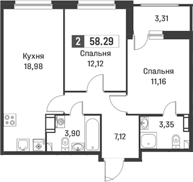 2-комнатная квартира 58.29 м², 11/12 эт., ЖК «Графика»