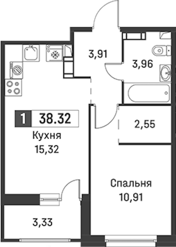 1-комнатная квартира 38.32 м², 12/12 эт., ЖК «Графика»