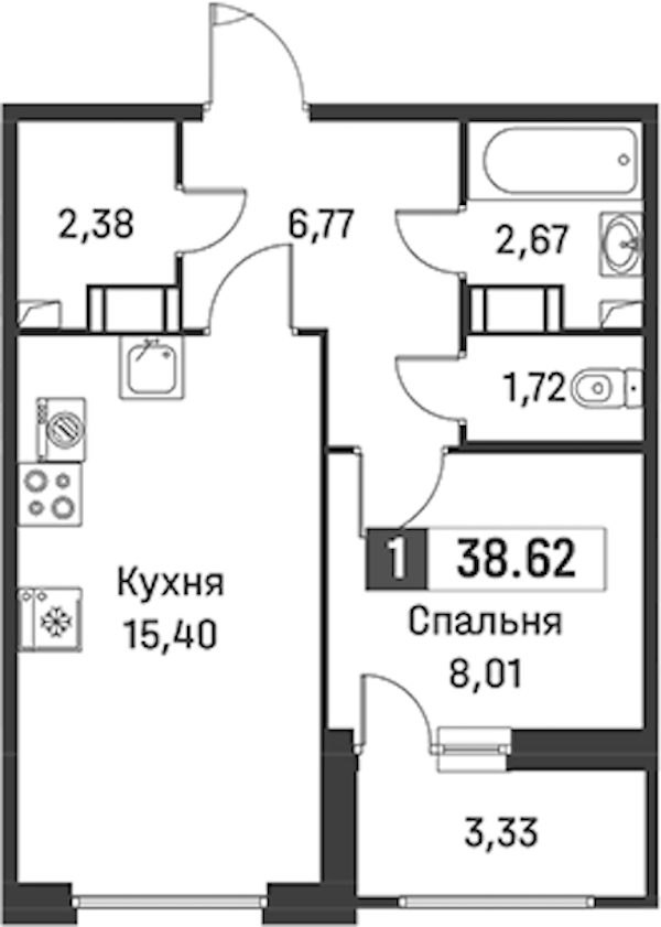 1-комнатная квартира 38.62 м², 12/12 эт., ЖК «Графика»