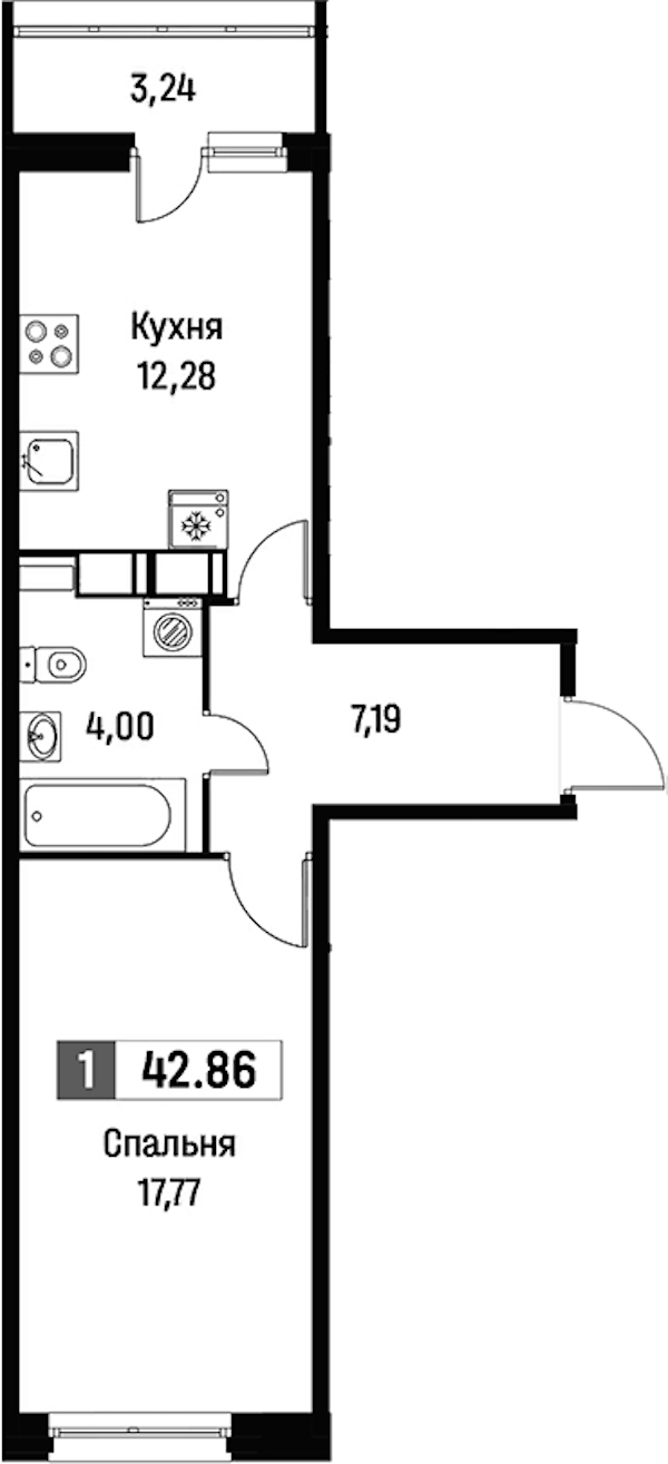 1-комнатная квартира 42.86 м², 4/15 эт., ЖК «Фотограф»