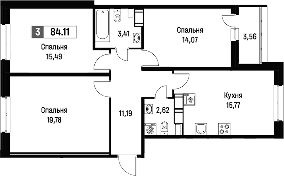 3-комнатная квартира 84.11 м², 10/15 эт., ЖК «Фотограф»