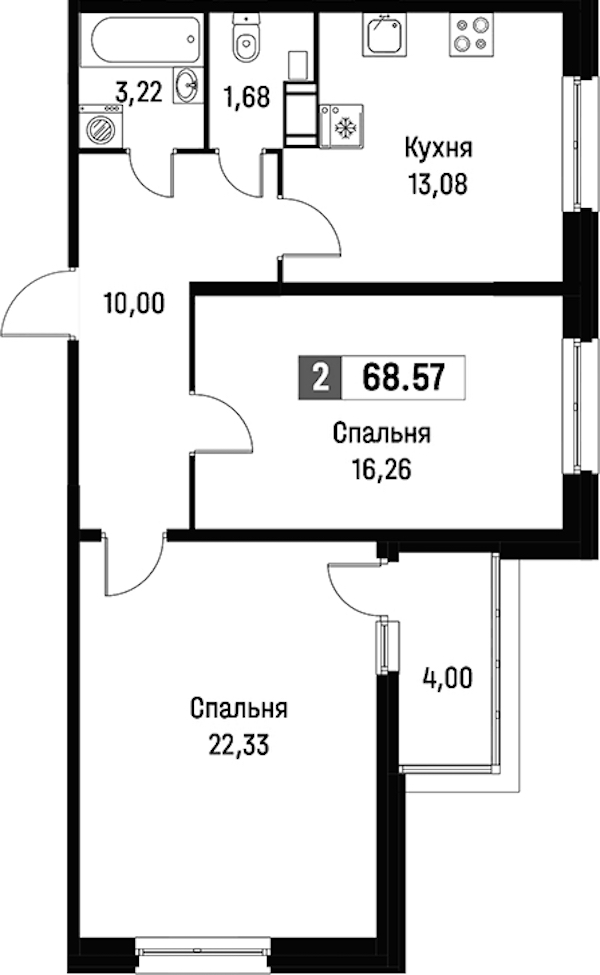 2-комнатная квартира 68.57 м², 10/15 эт., ЖК «Фотограф»
