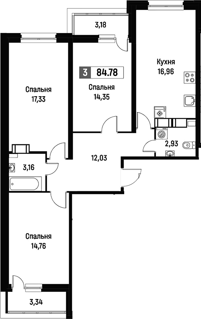 3-комнатная квартира 84.78 м², 9/15 эт., ЖК «Фотограф»