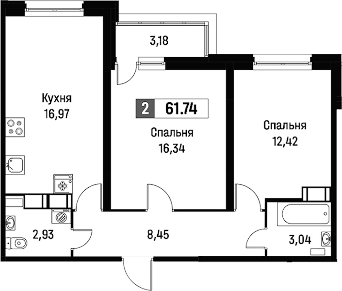 2-комнатная квартира 61.74 м², 11/15 эт., ЖК «Фотограф»