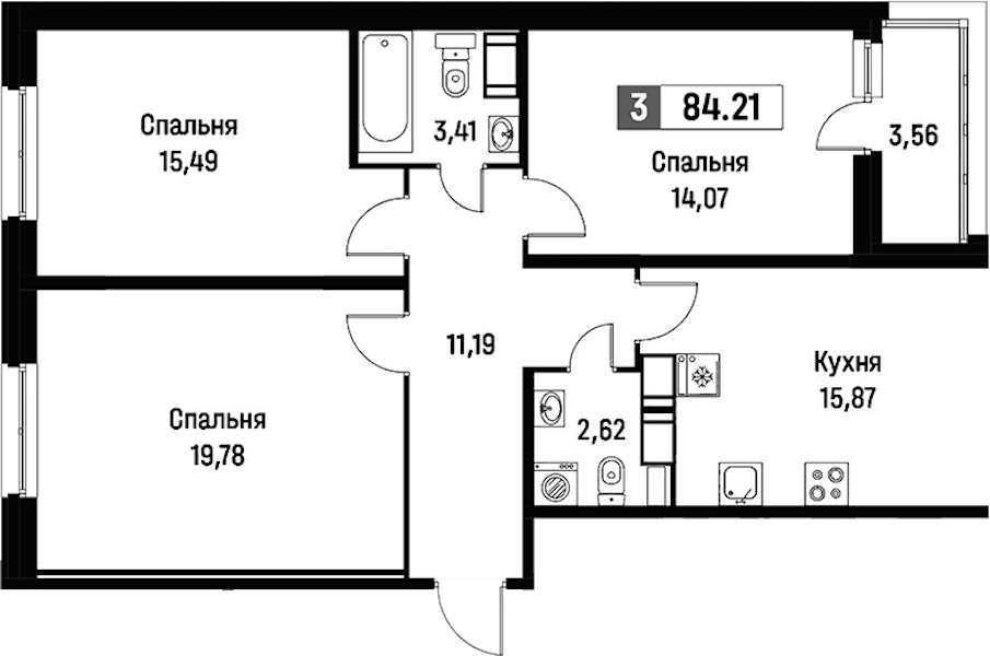 3-комнатная квартира 84.21 м², 3/15 эт., ЖК «Фотограф»