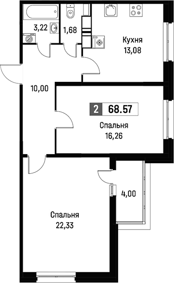 2-комнатная квартира 68.57 м², 13/15 эт., ЖК «Фотограф»
