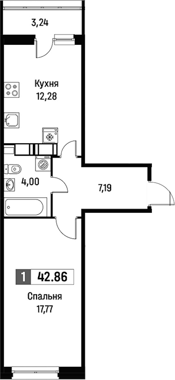 1-комнатная квартира 42.86 м², 15/15 эт., ЖК «Фотограф»