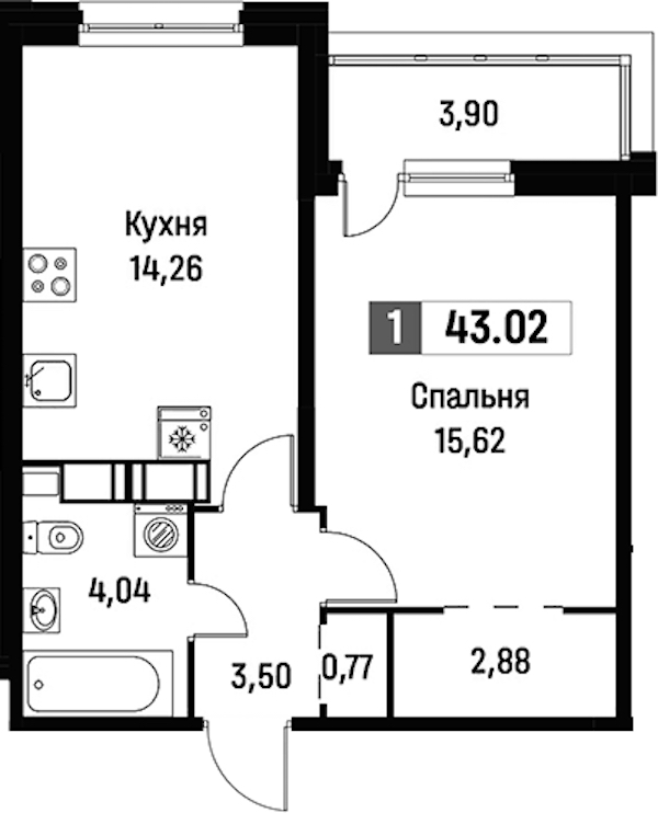 1-комнатная квартира 43.02 м², 6/15 эт., ЖК «Фотограф»