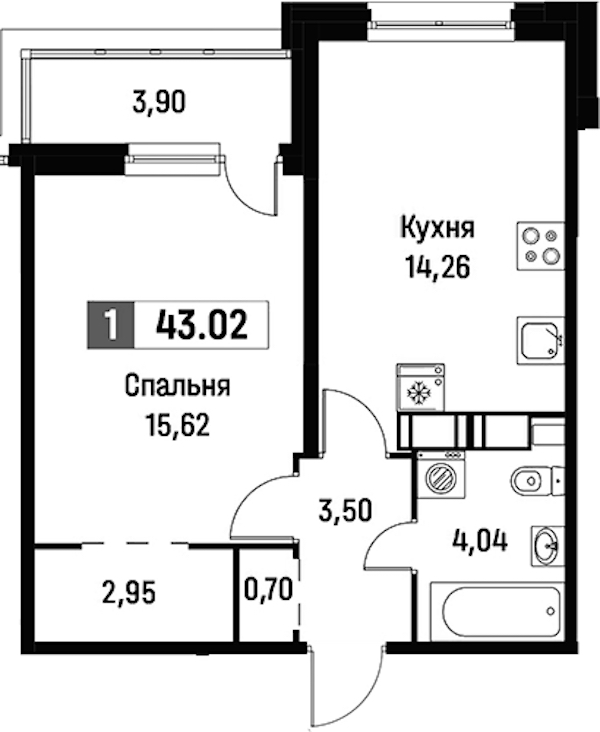 1-комнатная квартира 43.02 м², 11/15 эт., ЖК «Фотограф»