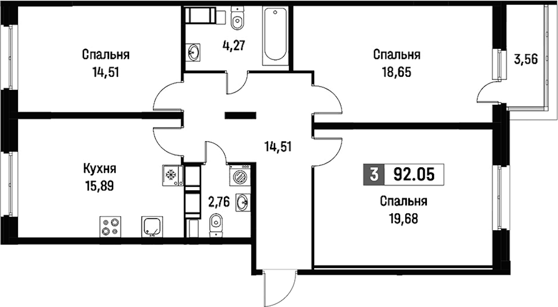 3-комнатная квартира 92.05 м², 2/15 эт., ЖК «Фотограф»