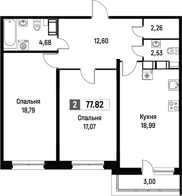2-комнатная квартира 77.82 м², 7/15 эт., ЖК «Фотограф»