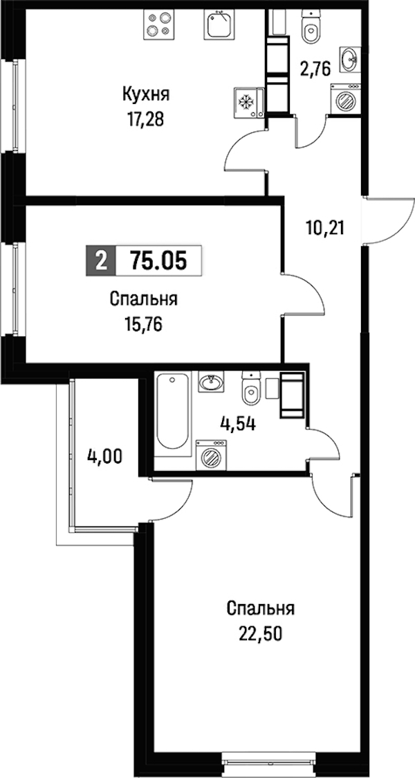 2-комнатная квартира 75.05 м², 9/15 эт., ЖК «Фотограф»