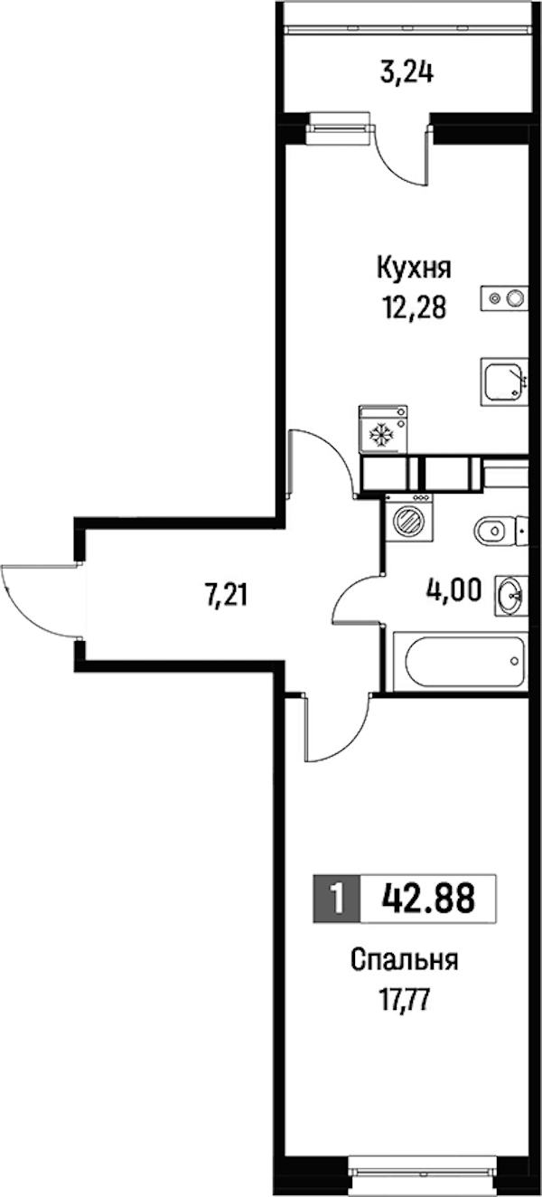 1-комнатная квартира 42.88 м², 13/15 эт., ЖК «Фотограф»