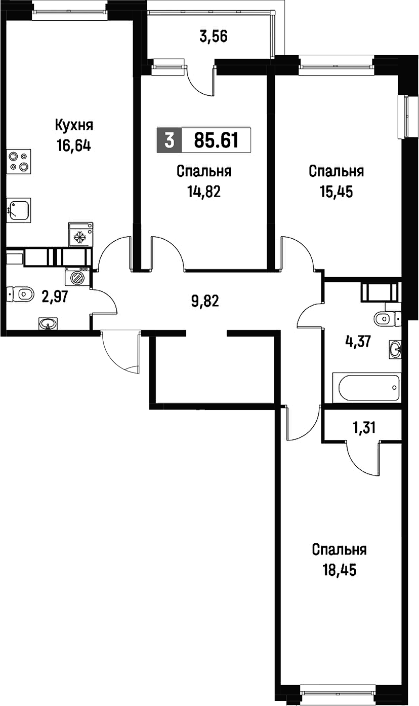 3-комнатная квартира 85.61 м², 2/16 эт., ЖК «Фотограф»