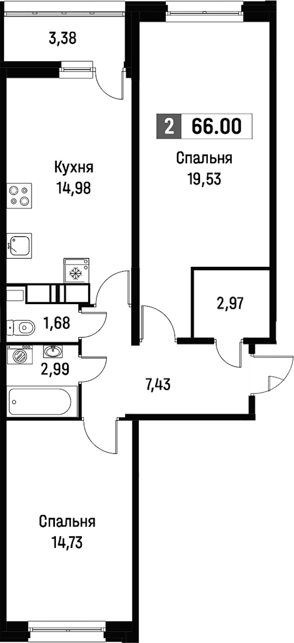 2-комнатная квартира 66 м², 2/16 эт., ЖК «Фотограф»