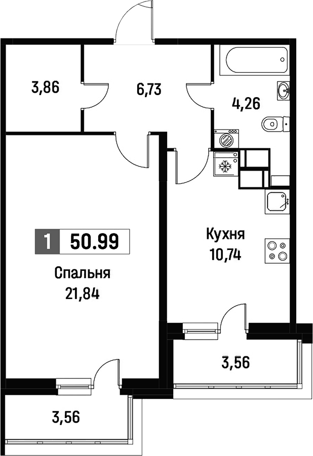 1-комнатная квартира 50.99 м², 11/16 эт., ЖК «Фотограф»