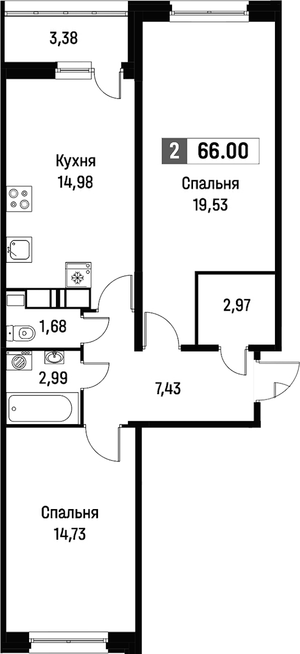 2-комнатная квартира 66 м², 12/16 эт., ЖК «Фотограф»