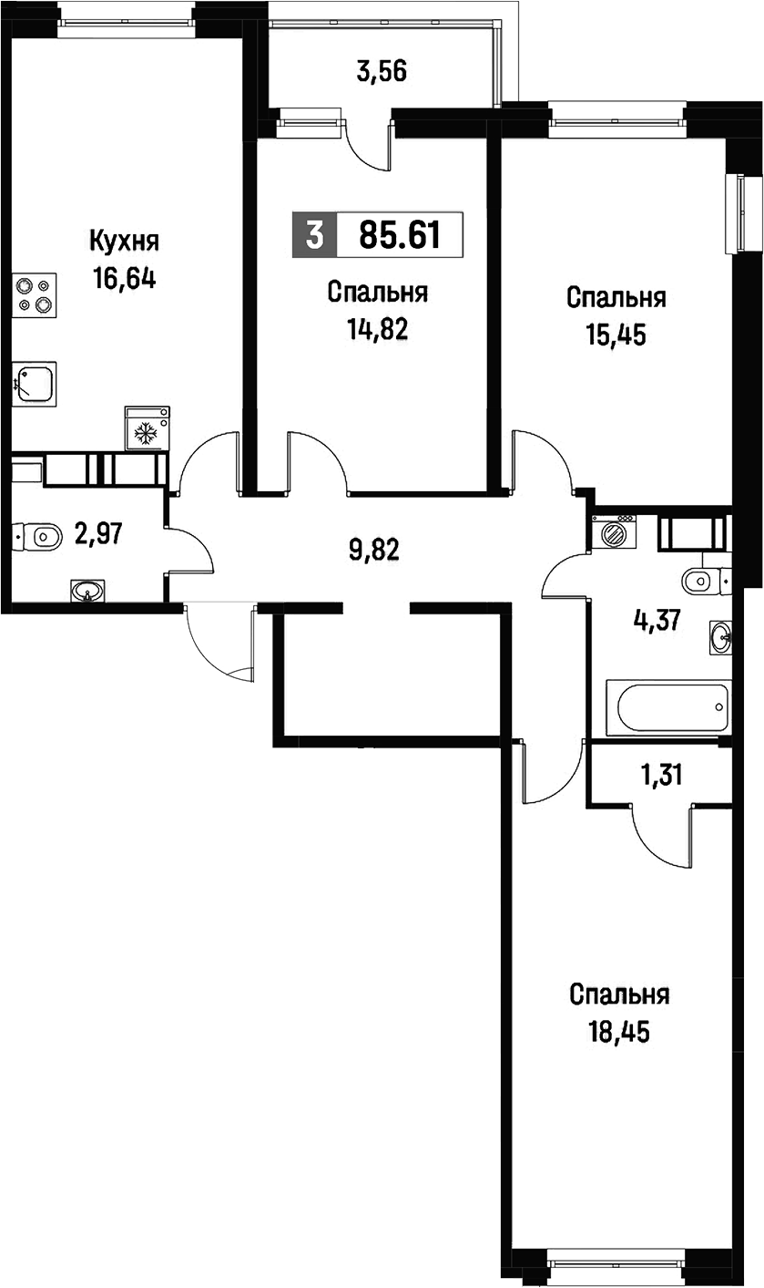 3-комнатная квартира 85.61 м², 14/16 эт., ЖК «Фотограф»