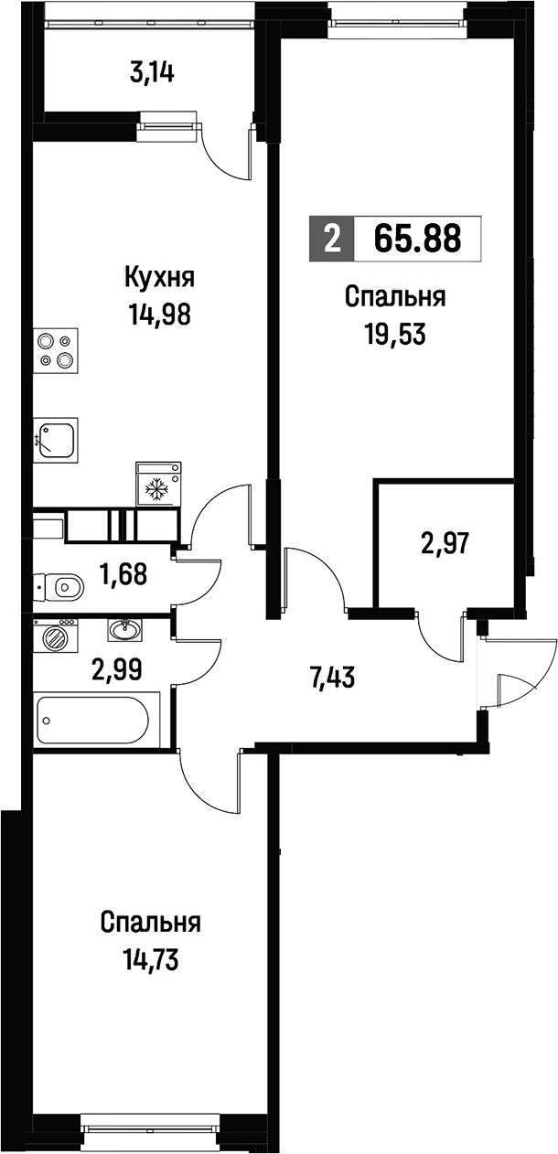 2-комнатная квартира 65.88 м², 2/16 эт., ЖК «Фотограф»