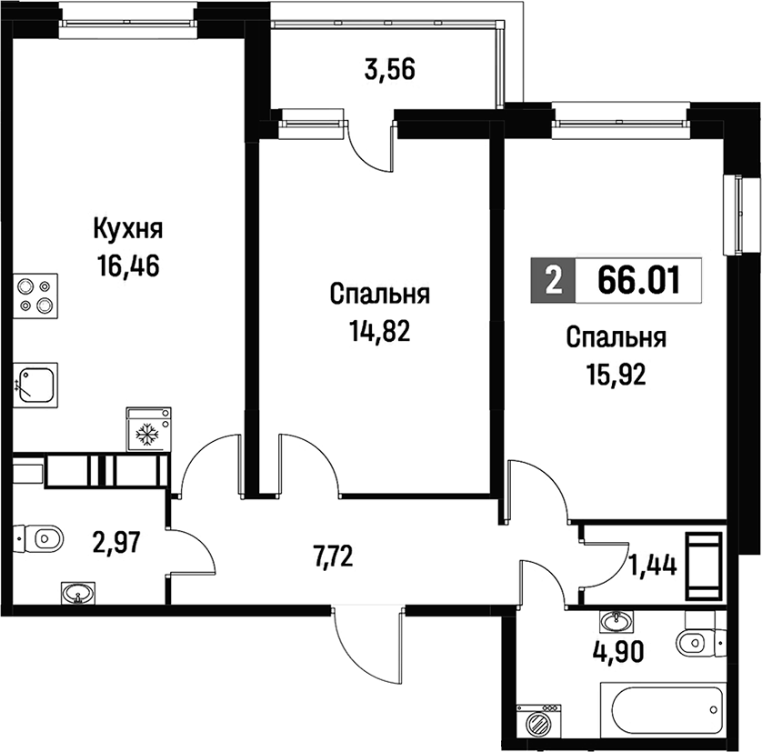 2-комнатная квартира 66.01 м², 12/16 эт., ЖК «Фотограф»