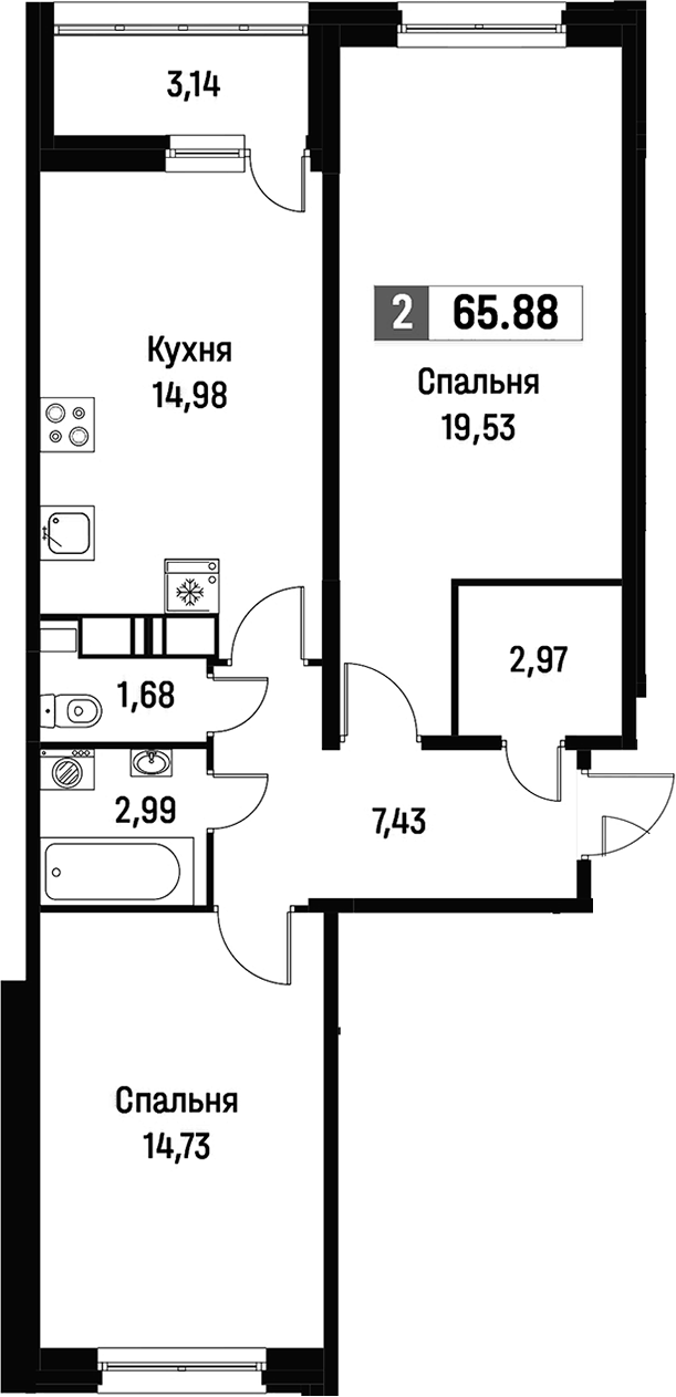 2-комнатная квартира 65.88 м², 15/16 эт., ЖК «Фотограф»