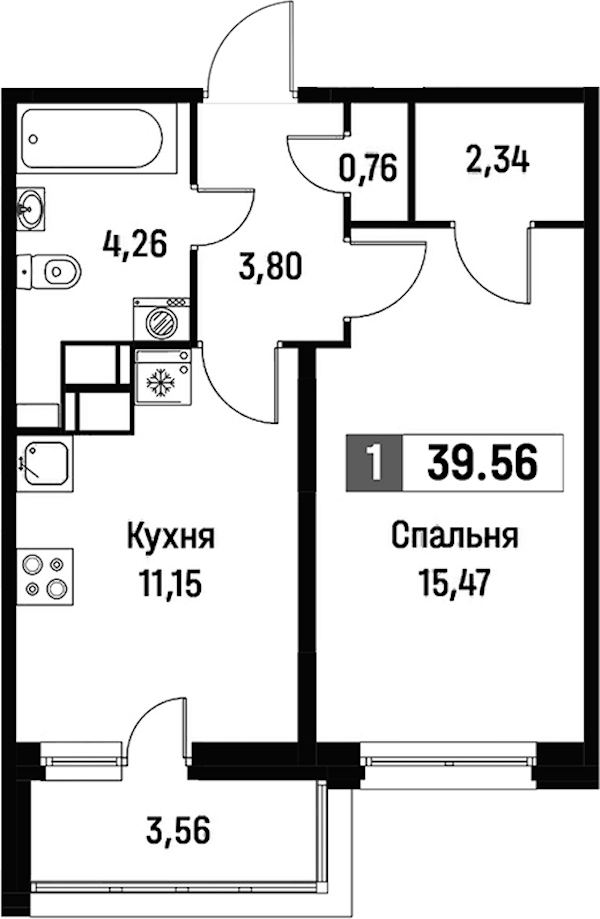 1-комнатная квартира 39.56 м², 16/16 эт., ЖК «Фотограф»