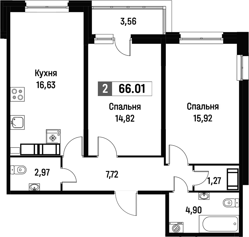 2-комнатная квартира 66.01 м², 2/16 эт., ЖК «Фотограф»
