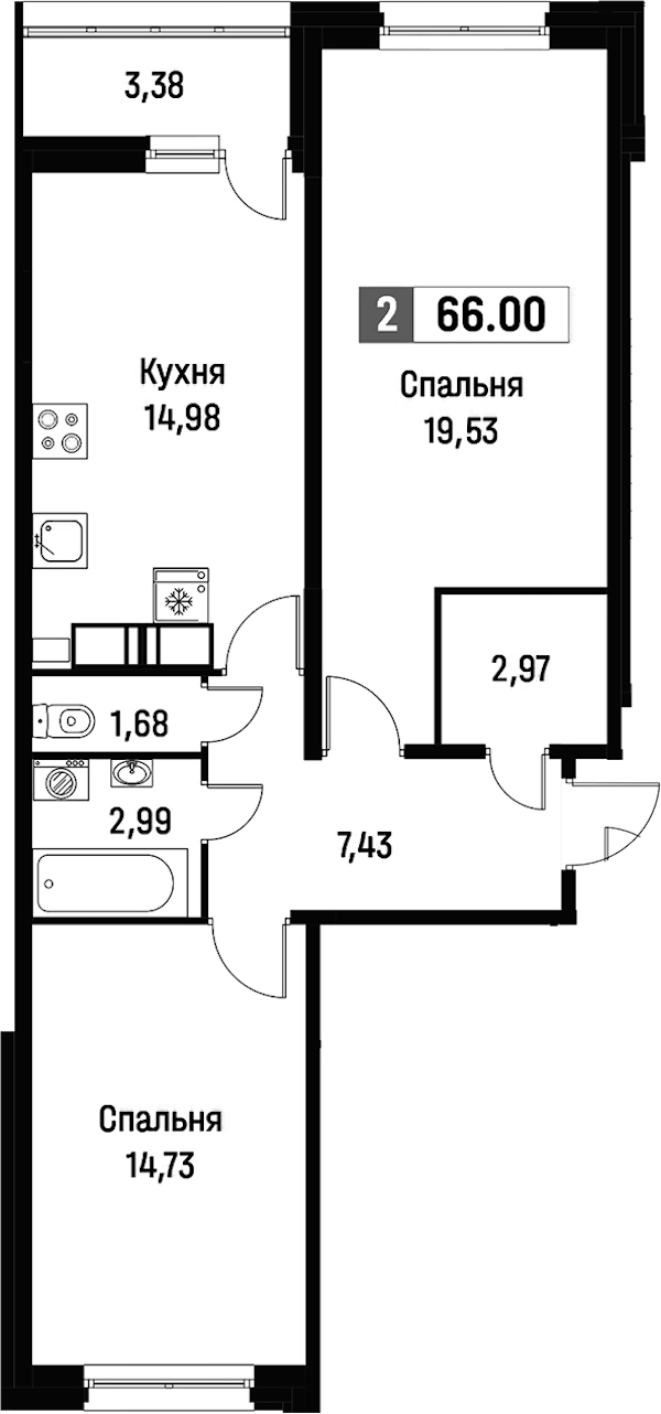 2-комнатная квартира 66 м², 2/16 эт., ЖК «Фотограф»