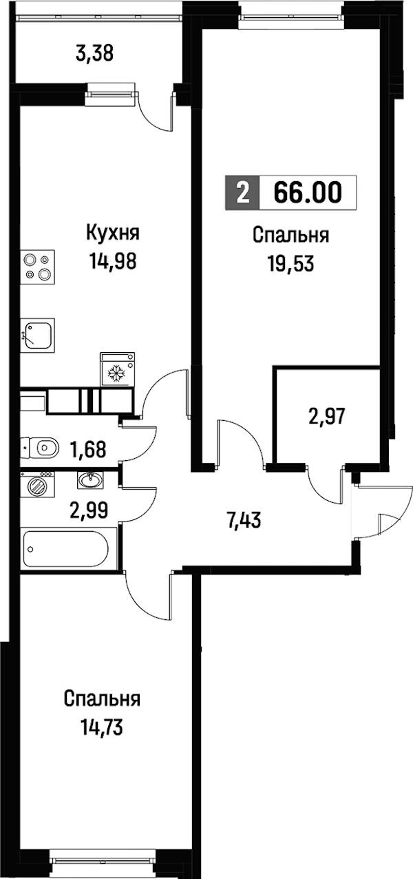 2-комнатная квартира 66 м², 5/16 эт., ЖК «Фотограф»