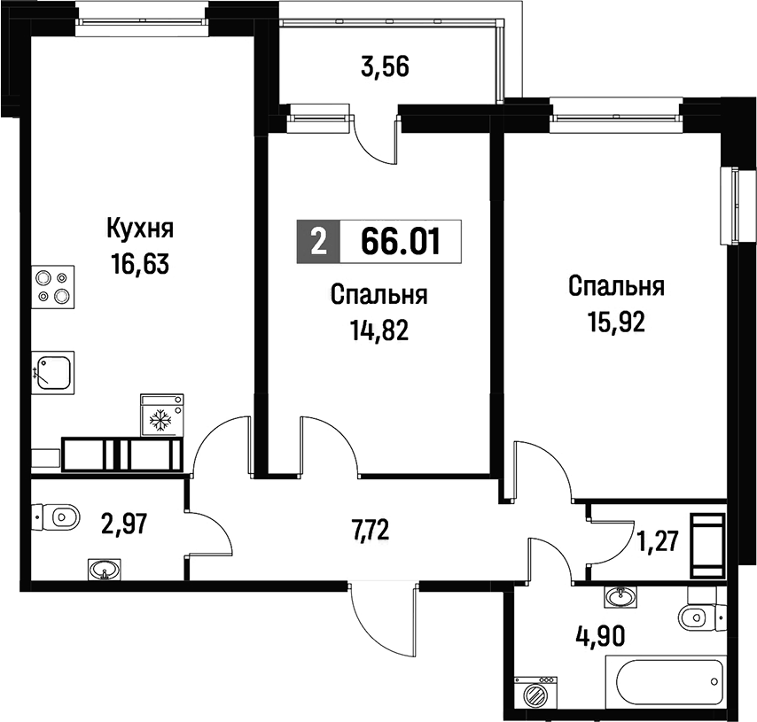 2-комнатная квартира 66.01 м², 13/16 эт., ЖК «Фотограф»