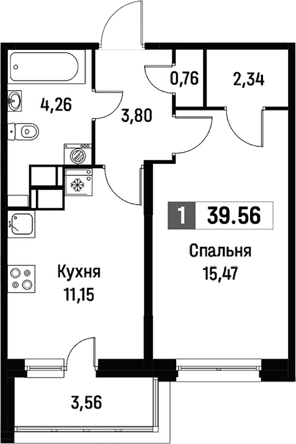 1-комнатная квартира 39.56 м², 16/16 эт., ЖК «Фотограф»