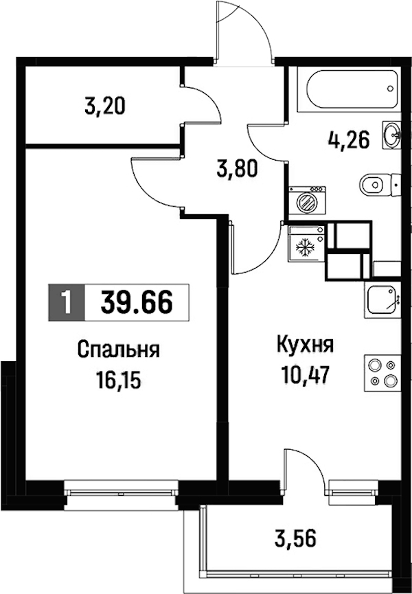 1-комнатная квартира 39.66 м², 16/16 эт., ЖК «Фотограф»