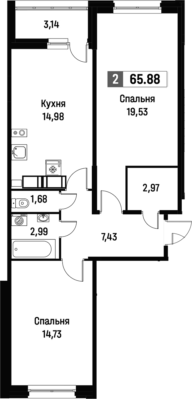 2-комнатная квартира 65.88 м², 2/16 эт., ЖК «Фотограф»
