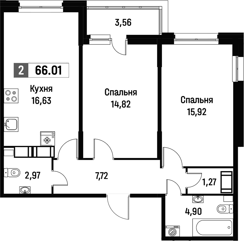 2-комнатная квартира 66.01 м², 6/16 эт., ЖК «Фотограф»