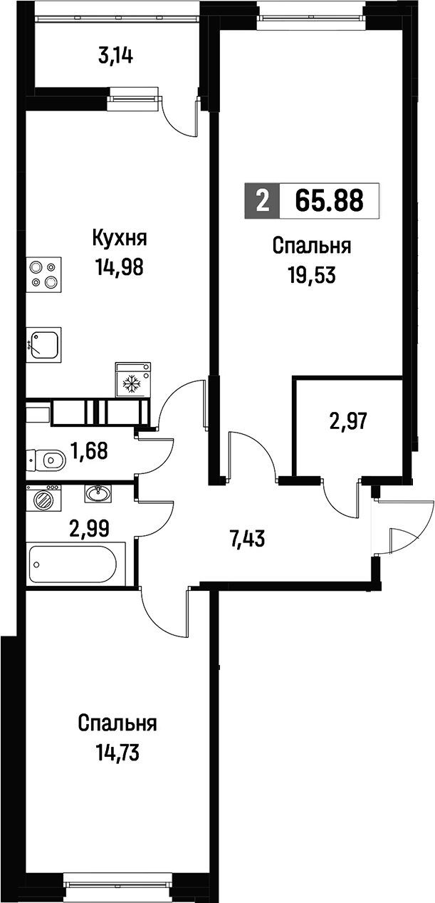 2-комнатная квартира 65.88 м², 9/16 эт., ЖК «Фотограф»