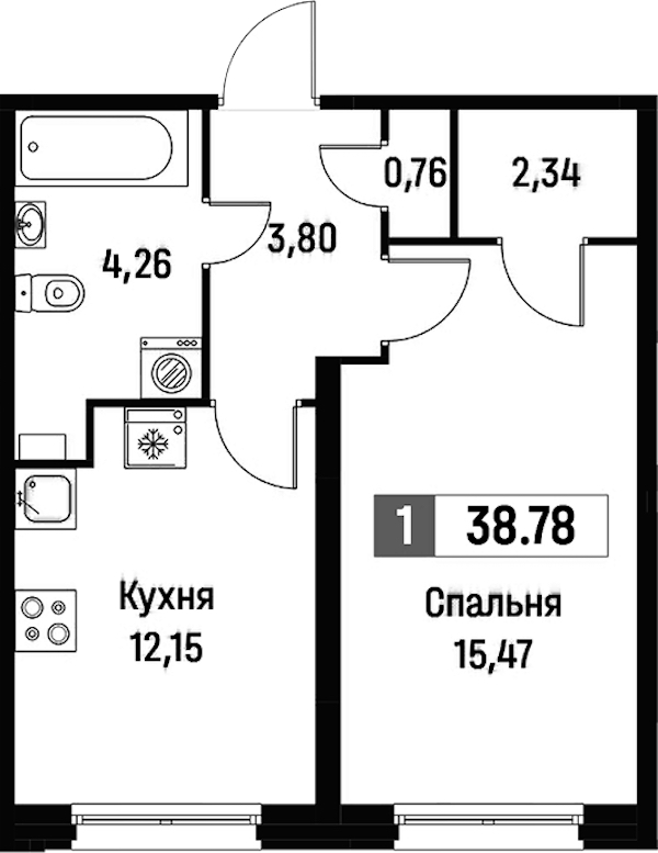 1-комнатная квартира 38.78 м², 1/16 эт., ЖК «Фотограф»