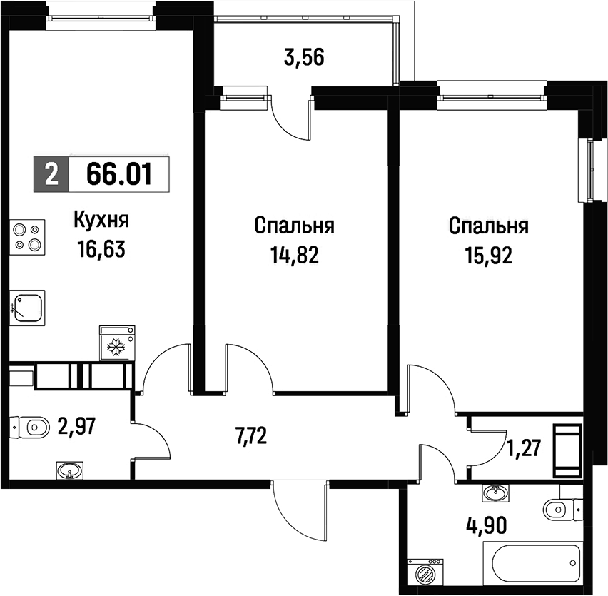 2-комнатная квартира 66.01 м², 2/16 эт., ЖК «Фотограф»