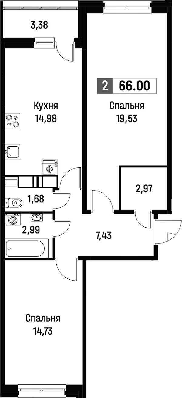 2-комнатная квартира 66 м², 2/16 эт., ЖК «Фотограф»