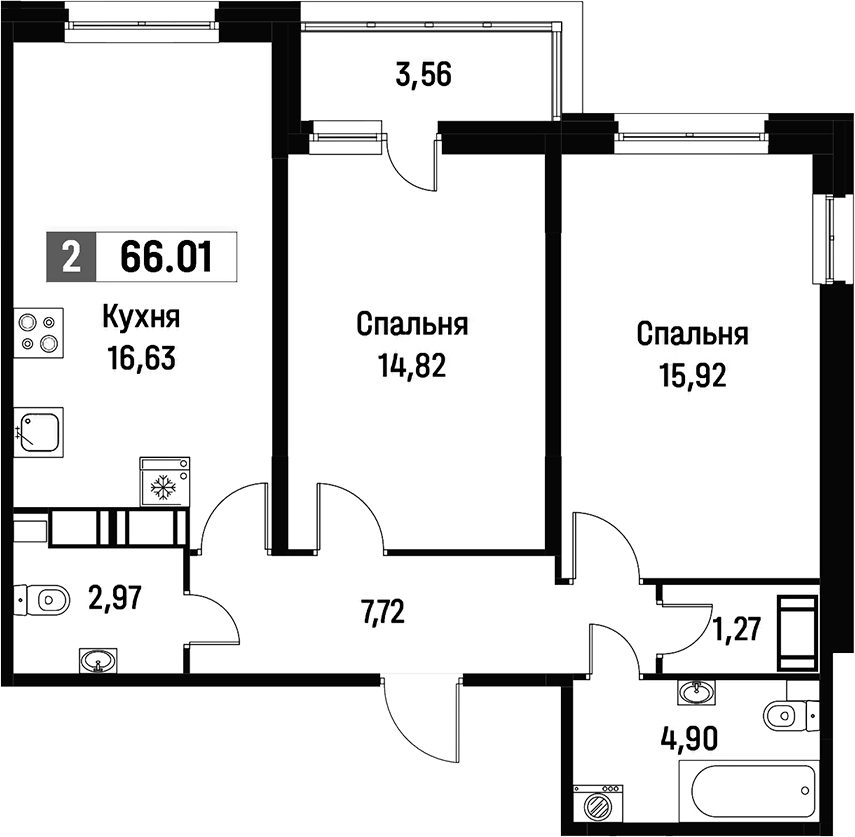 2-комнатная квартира 66.01 м², 14/16 эт., ЖК «Фотограф»