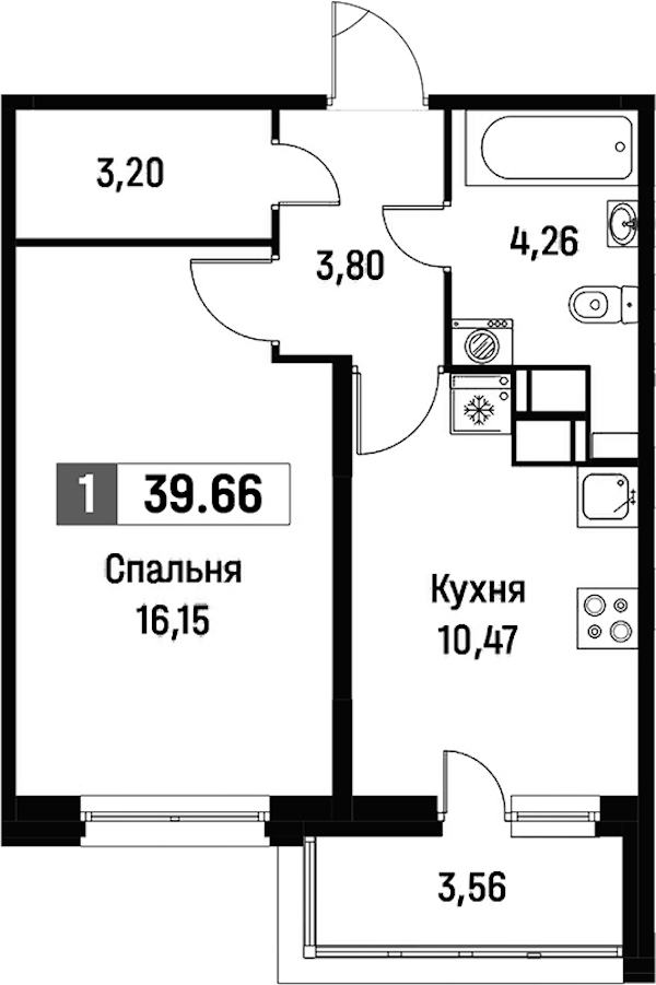 1-комнатная квартира 39.66 м², 15/16 эт., ЖК «Фотограф»