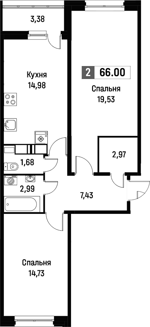 2-комнатная квартира 66 м², 16/16 эт., ЖК «Фотограф»