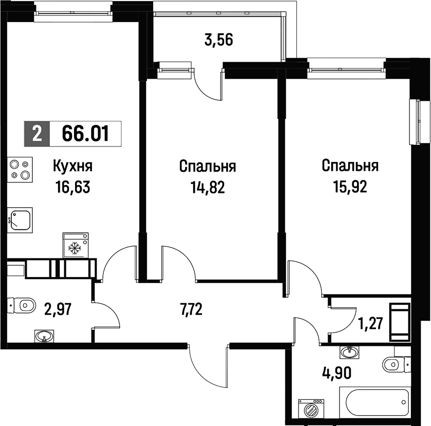2-комнатная квартира 66.01 м², 2/16 эт., ЖК «Фотограф»